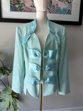 Vintage INCREDIBLE Tiffany Blue Satin Crystal Closure Bows Jacket Rose Damask 12